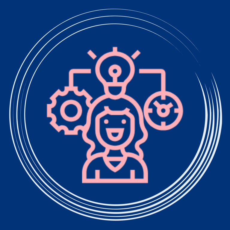 Projektkoordination Office-Management & Backoffice Illustration einer Person mit Glühbirne und Zahnrädern, die Kreativität und Innovation symbolisiert.
