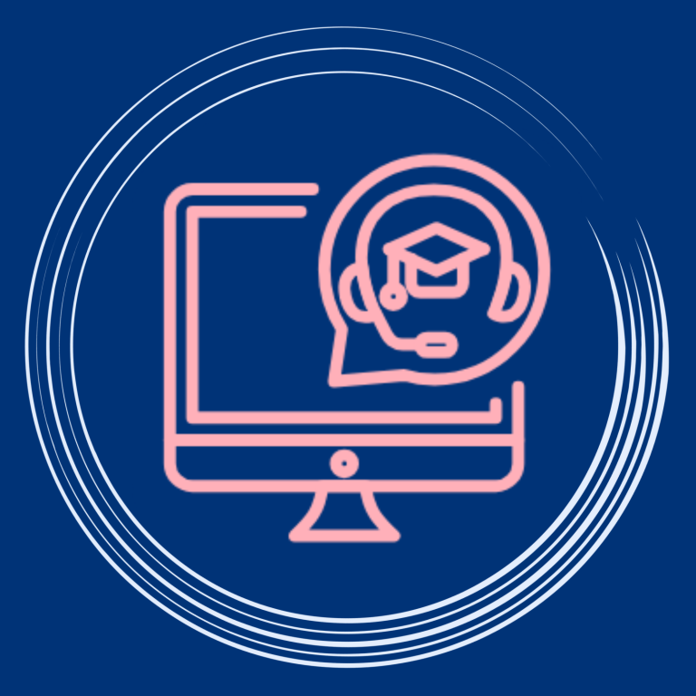 Online-Schulungen & Digitale Produkte Symbol eines Computers mit einem Headset und einer Sprechblase, die Bildung darstellt.